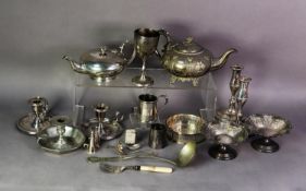 MIXED LOT OF ELECTROPLATE, to include: PAIR OF SILVER PLATED ON COPPER CANDLESTICKS, PAIR OF CHAMBER