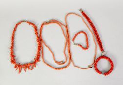 VINTAGE BRANCH CORAL NECKLACE; 3 CORAL BEAD NECKLACES, one being graduated and 3 VARIOUS CORAL