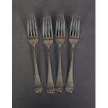 SET OF FOUR GEORGE III SILVER OLD ENGLISH PATTERN TABLE FORKS engraved with cursive initials, by