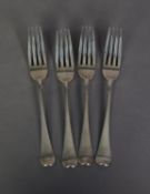 SET OF FOUR GEORGE III SILVER OLD ENGLISH PATTERN TABLE FORKS engraved with cursive initials, by