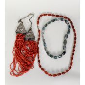 TWENTY-THREE-STRAND NECKLACE of red coral beads and 2 hardstone BEAD NECKLACES (3)