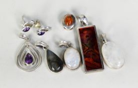 6 SILVER COLOURED METAL AND STONE SET PENDANTS and a pair of SILVER AND AMBER PIN EARRINGS (8)