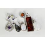 6 SILVER COLOURED METAL AND STONE SET PENDANTS and a pair of SILVER AND AMBER PIN EARRINGS (8)