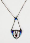 CHARLES HORNER SILVER FINE CHAIN WITH BLUE ENAMELLED FIXED PENDANT front collet set with a