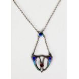 CHARLES HORNER SILVER FINE CHAIN WITH BLUE ENAMELLED FIXED PENDANT front collet set with a