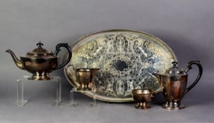 FALSTAFF THREE PIECE ELECTROPLATED TEA SET, of circular, footed form with black scroll handle,
