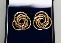 PAIR OF 9ct GOLD TRIPLE STRAND WHORL PATTERN PIN EARRINGS, 5.3gms, in Goldsmiths blue morocco fitted