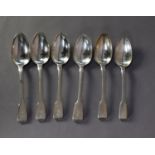 MATCHED SET OF SIX GEORGE III, GEORGE IV and WILLIAM IV SILVER FIDDLE PATTERN CRESTED TABLE SPOONS