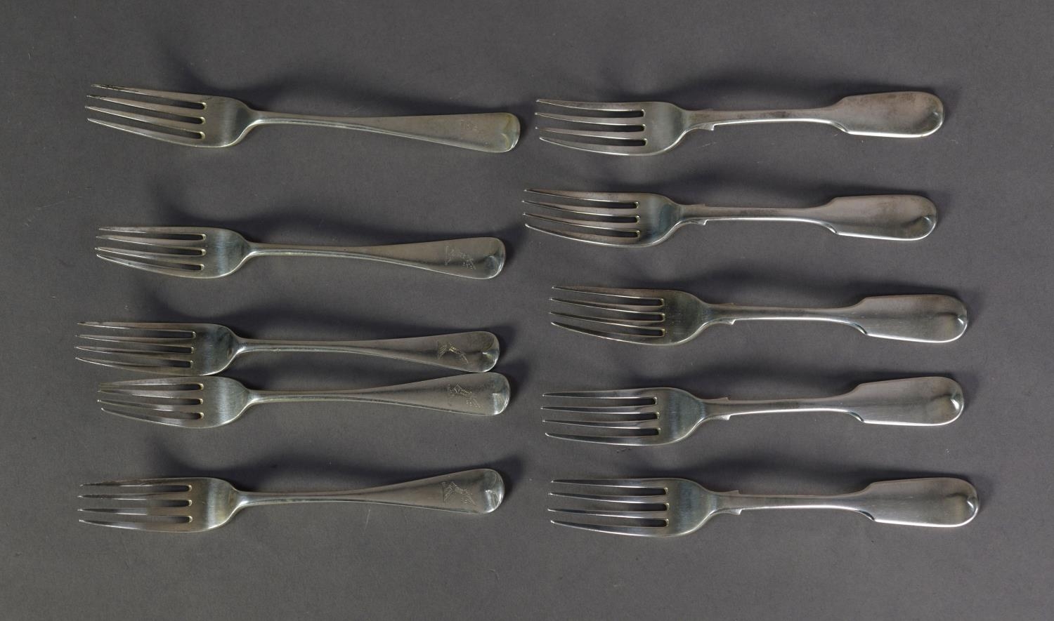 SET OF FIVE VICTORIAN SILVER FIDDLE PATTERN CRESTED DESSERT FORKS by Elizabeth Eaton, London 1854,