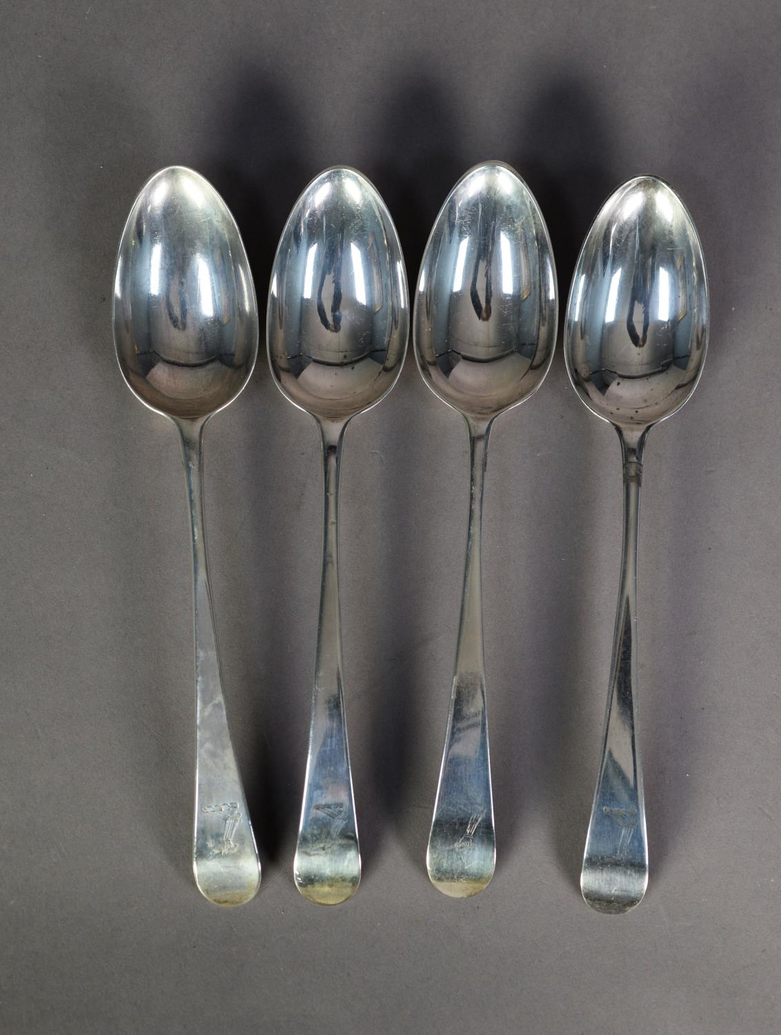 SET OF FOUR GEORGE III SILVER OLD ENGLISH PATTERN CRESTED TABLE SPOONS by Hester Bateman, London