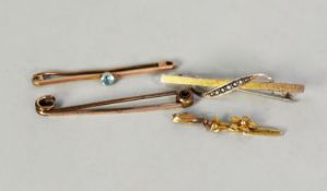 9ct GOLD BAR BROOCH, collet set with centre small pale blue stone; 9ct GOLD BAR BROOCH with overlaid