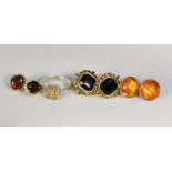 PAIR OF 14K GOLD AND CABOCHON AMBER COLOURED STONE STUD EARRINGS, 1.9gms; a pair of silver and amber