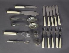 INCOMPLETE SET OF PLATED BONE HANDLED FISH KNIVES and FORKS with a PAIR of FISH SERVERS, a MOTHER-