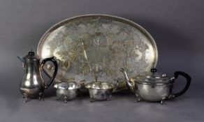 THREE PIECE ‘YEOMAN’ ELECTROPLATED TEA SET, of circular form with black scroll handle and knop,