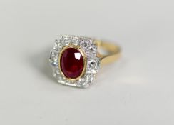 18ct YELLOW and WHITE GOLD RING, the ART DECO STYLE SETTING with a central COLLET set RUBY within
