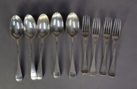 SET OF FIVE VICTORIAN SILVER OLD ENGLISH PATTERN CRESTED TABLE SPOONS, together with a SET OF FOUR