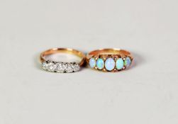 EARLY 20th CENTURY 9ct GOLD RING set with 5 graduated opals and seed pearls and an INDISTINCTLY