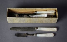 SET OF SIX GEORGE III FRUIT KNIVES AND SIX FORKS with silver blades and tines, carved mother of