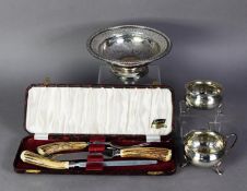 CASED THREE PIECE CARVING SET BY VINERS, WITH BUCK HORN HANDLES, together with a SILVER ON COPPER