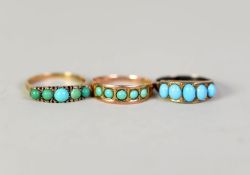 THREE EARLY 20th CENTURY 9ct GOLD RINGS each set with 5 graduated turquoise stones, 5.9gms gross (3)