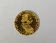 AUSTRIAN 1915 FOUR DUCAT COIN in 23.75ct gold, 13.96gms, approximately 4cm (EF), together with the