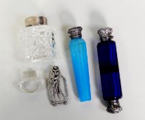 VICTORIAN SAPPHIRE BLUE facet-cut GLASS DOUBLE ENDED WHITE METAL topped SCENT FLASK and VINAIGRETTE,
