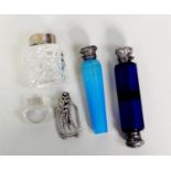 VICTORIAN SAPPHIRE BLUE facet-cut GLASS DOUBLE ENDED WHITE METAL topped SCENT FLASK and VINAIGRETTE,