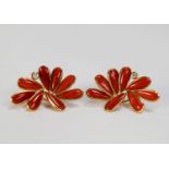 CANDAME, PAIR OF GOLD, CORAL AND DIAMOND PETAL PATTERN EARRINGS, each with eight framed petal shaped