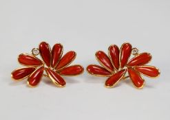 CANDAME, PAIR OF GOLD, CORAL AND DIAMOND PETAL PATTERN EARRINGS, each with eight framed petal shaped