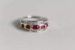 18ct WHITE and YELLOW GOLD HALF HOOP RING set with FIVE SMALL GRADUATED RUBIES between borders of