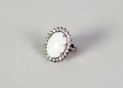 18ct WHITE GOLD CLUSTER RING, claw set with a large oval opal, (approximately 20 x 15mm), with