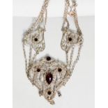 ELABORATE INDIAN STYLE GILT WHITE METAL FILIGREE WORK RED PASTE SET CHAIN- SUSPENDED NECKLACE