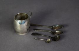 SILVER SMALL BARREL SHAPED TANKARD, with scroll handle, 2 ½” (6.3cm) high, marks rubbed but probably