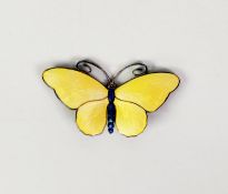 STERLING SILVER BUTTERFLY BROOCH, with yellow guilloche enamelled wings, green enamelled body and