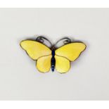 STERLING SILVER BUTTERFLY BROOCH, with yellow guilloche enamelled wings, green enamelled body and