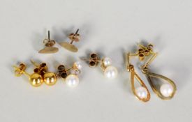 PAIR OF 9ct GOLD BALL PATTERN STUD EARRINGS; pair of 9ct GOLD tear shaped and pearl DROP EARRINGS; a