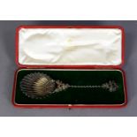 LATE 19th CENTURY FOREIGN GILDED WHITE METAL FILIGREE WORK ORNAMENTAL SPOON, in fitted case supplied