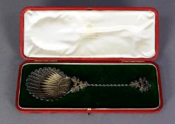 LATE 19th CENTURY FOREIGN GILDED WHITE METAL FILIGREE WORK ORNAMENTAL SPOON, in fitted case supplied