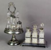 TWO ELECTROPLATED CRUET STANDS, one of circular pedestal form by William Rodgers, housing five
