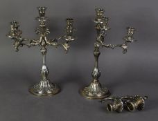 PAIR OF CONTINENTAL SILVER COLOURED METAL (800 STANDARD) FIVE LIGHT, FOUR BRANCH CANDELABRAS, each