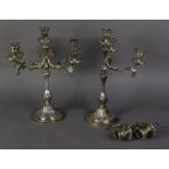 PAIR OF CONTINENTAL SILVER COLOURED METAL (800 STANDARD) FIVE LIGHT, FOUR BRANCH CANDELABRAS, each