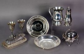 MIXED LOT OF ELECTROPLATE, comprising: SUGAR CASTOR, PAIR OF STEMMED GOBLETS, PRESENTATION PINT