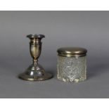 WEIGHTED SILVER CANDLE HOLDER, with urn shaped sconce and spreading circular base, 4” (10.2cm) high,