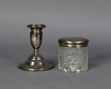WEIGHTED SILVER CANDLE HOLDER, with urn shaped sconce and spreading circular base, 4” (10.2cm) high,
