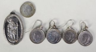 SILVER RING, the top set with a George V 1934 silver three penny coin; 2 pairs of George V silver