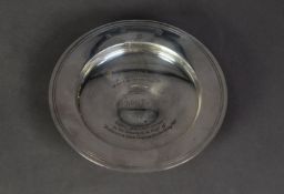 PRESENTATION SILVER ARMADA DISH, of typical for, with seven line inscription to the centre, 6 ¾” (