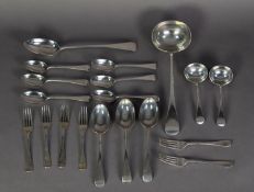 LATE VICTORIAN PART SERVICE OF OLD ENGLISH PATTERN TABLE SILVER viz; a soup ladle, basting spoon,