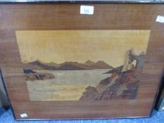 TWENTIETH CENTURY MARQUETRY PICTURE, also a MODERN COLOUR PRINT imitation of an oil painting in gilt