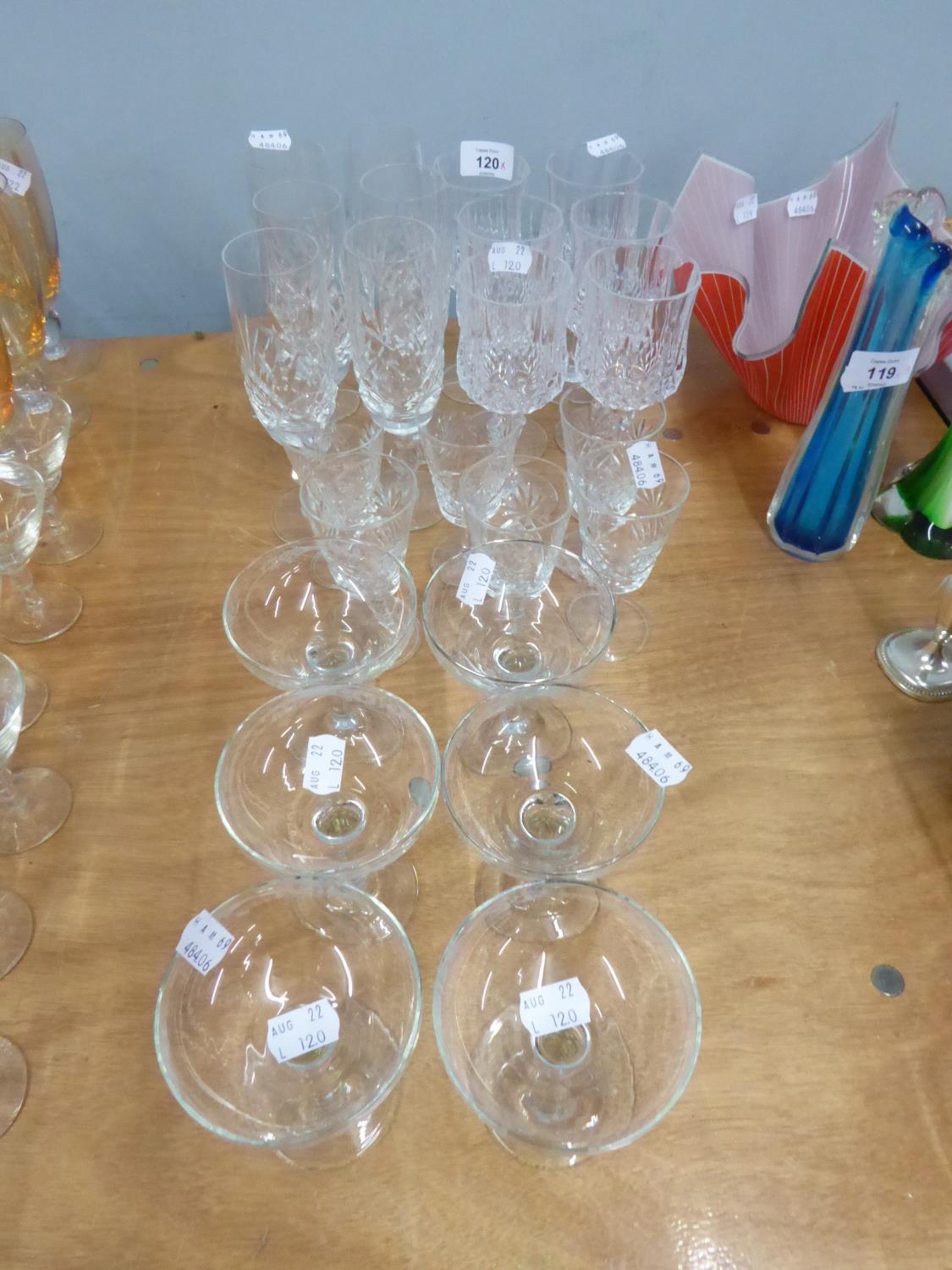 THREE SETS OF SIX CUT GLASS STEM WINES AND A SET OF SIX SAUCER CHAMPAGNE GLASSES (24)