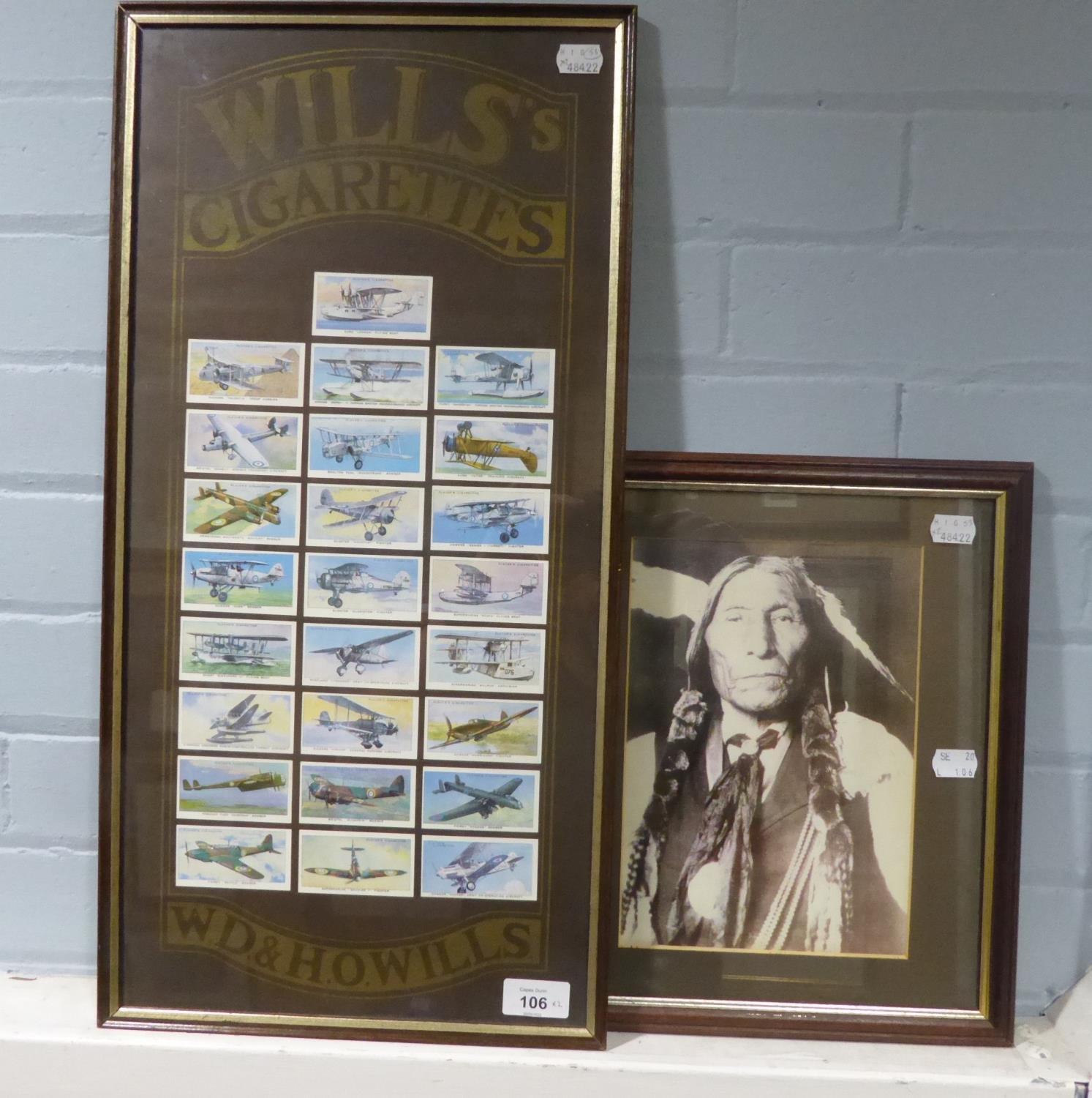 A FRAMED SET OF WILLS CIGARETTE CARDS 'AIRCRAFT' AND A FRAMED PHOTO OF 'WOLF ROBE ' SOUTHERN